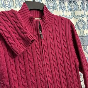 LL Bean Cable Knit Sweater Women's M Solid Pink Heavyweight Zip Preppy Fisherman